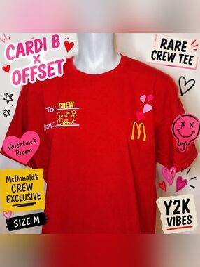 Cardi B x Offset McDonald's Crew Valentine Promo Tee Red Graphic Shirt Size M‎